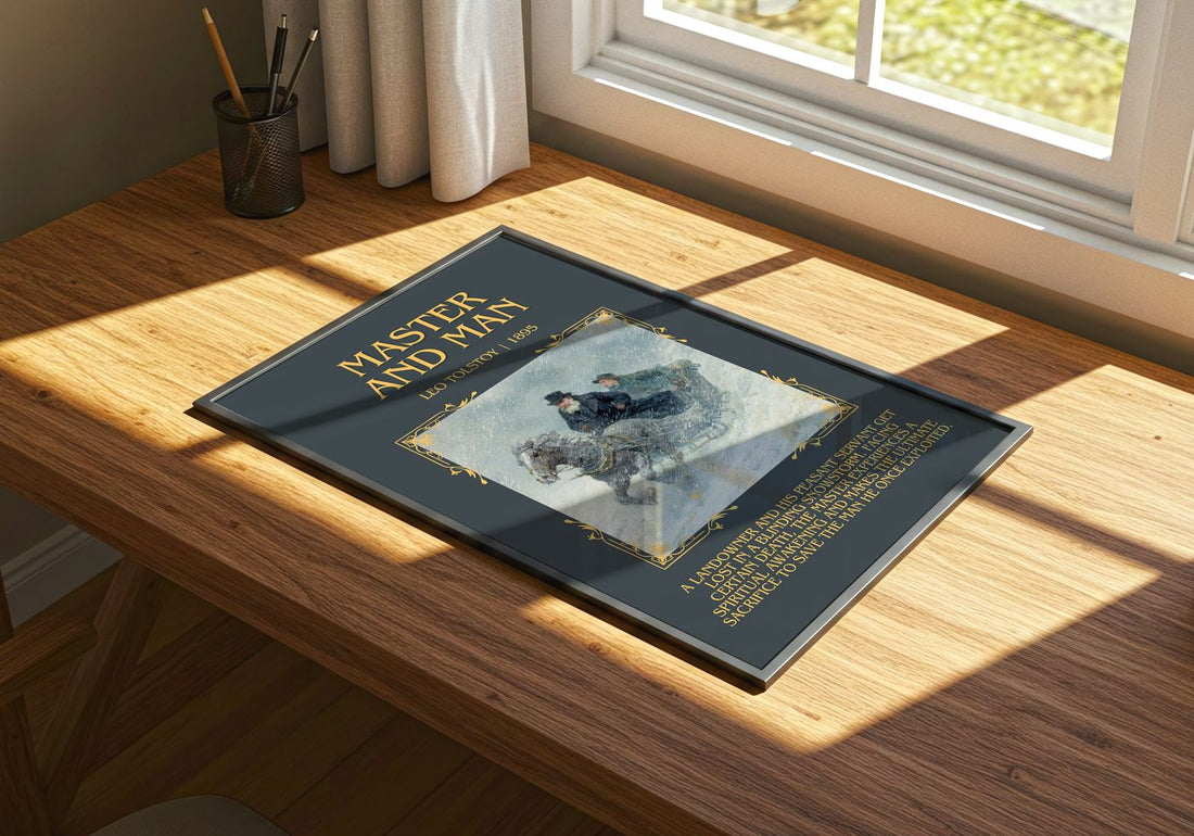 Master And Man Minimalist Book Poster by Leo Tolstoy – print on a sunlit desk