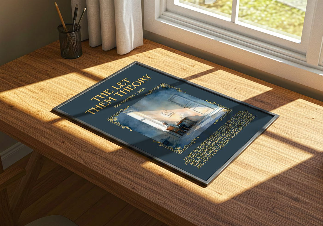 The Let Them Theory Minimalist Book Poster by Mel Robbins – print on a sunlit desk