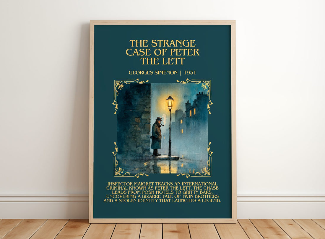 Strange Case Of Peter The Lett Minimalist Book Poster by G. Simenon – framed print leaning on a wooden floor