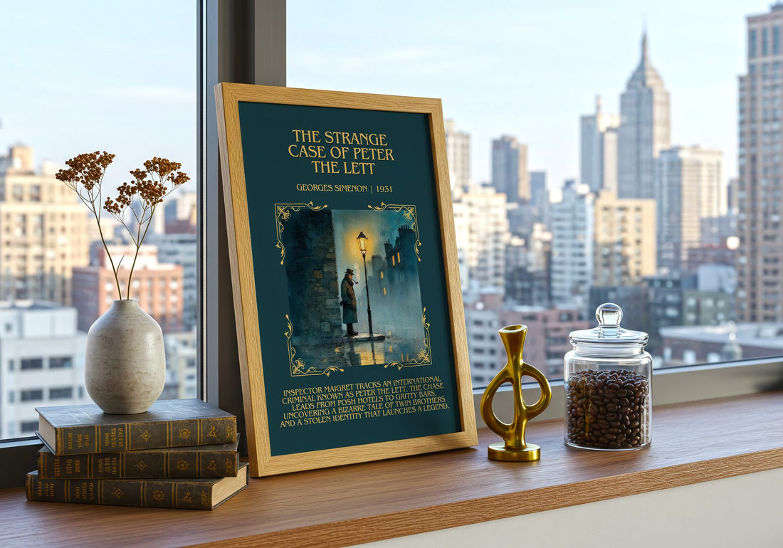 Strange Case Of Peter The Lett Minimalist Book Poster by G. Simenon – framed print on a city-view windowsill