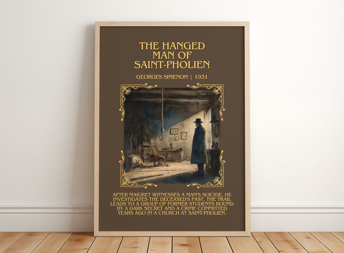 Hanged Man Of Saint-Pholien Minimalist Book Poster by Georges Simenon – framed print leaning on a wooden floor