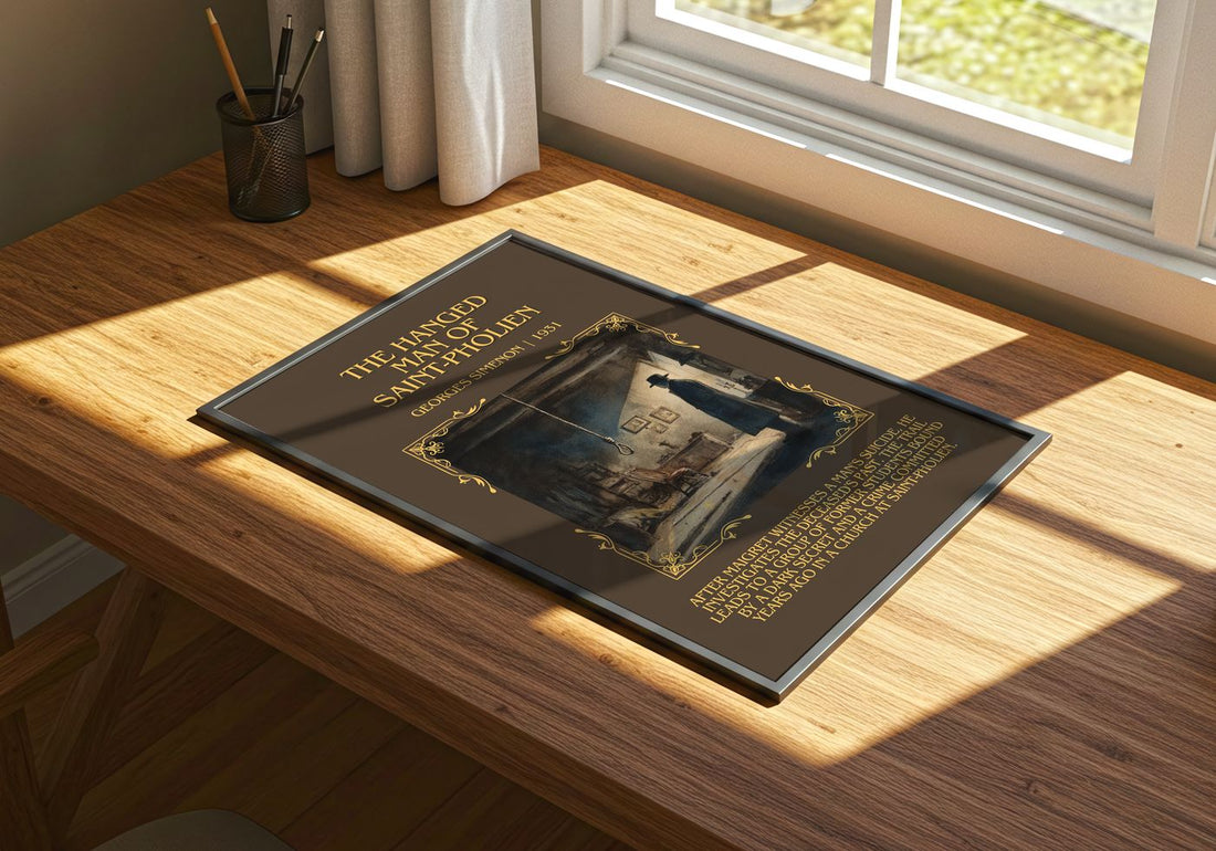 Hanged Man Of Saint-Pholien Minimalist Book Poster by Georges Simenon – print on a sunlit desk