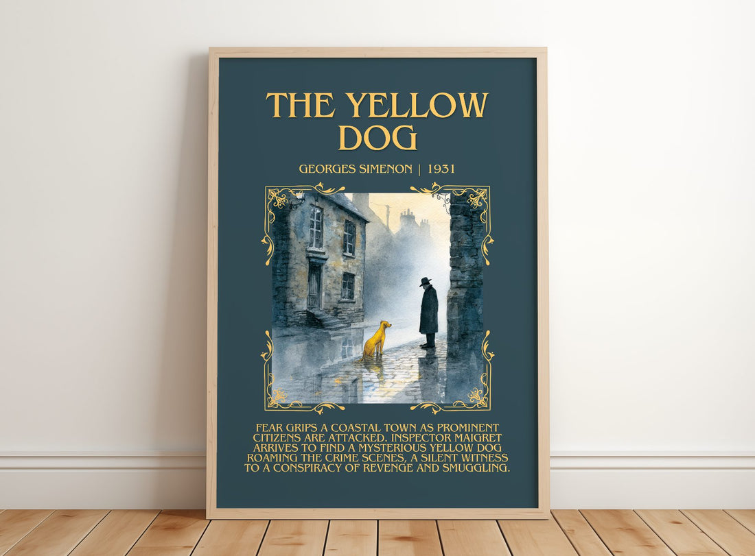 The Yellow Dog Minimalist Book Poster by Georges Simenon – framed print leaning on a wooden floor