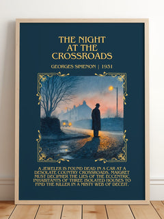 The Night At The Crossroads Minimalist Book Poster by Georges Simenon – framed print leaning on a wooden floor