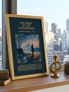 The Night At The Crossroads Minimalist Book Poster by Georges Simenon – framed print on a city-view windowsill