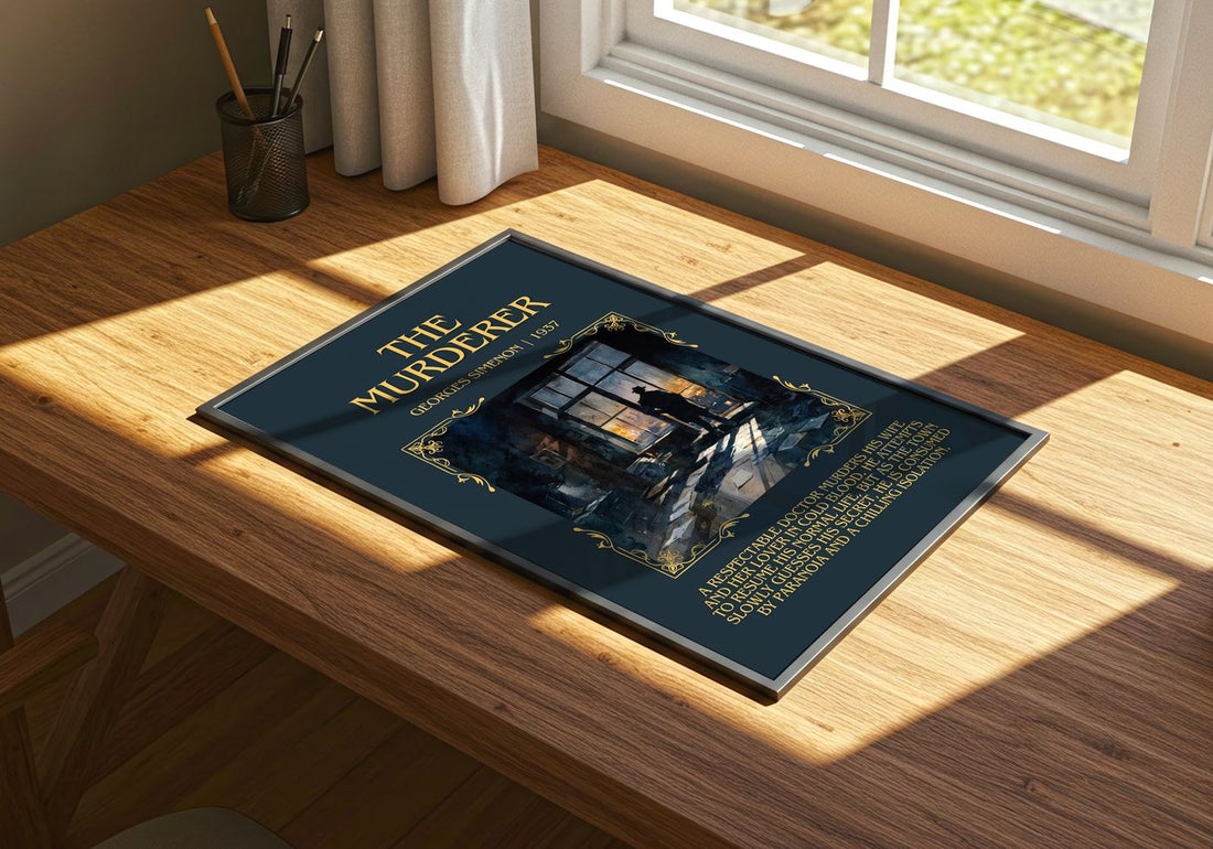 The Murderer Minimalist Book Poster by Georges Simenon – print on a sunlit desk