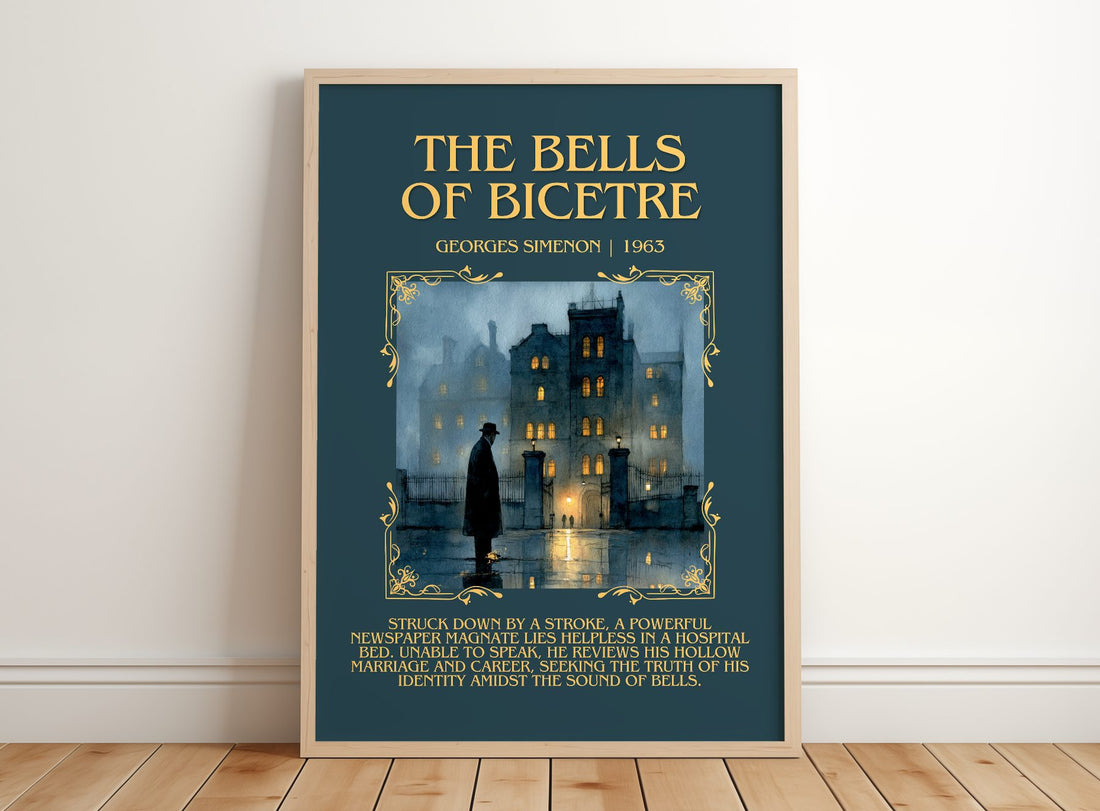 The Bells Of Bicêtre Minimalist Book Poster by Georges Simenon – framed print leaning on a wooden floor