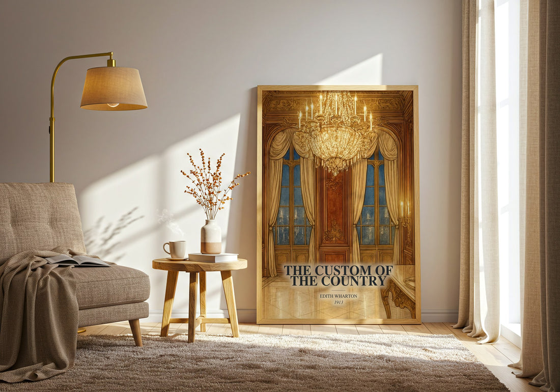 The Custom Of The Country watercolour print in frame leaning in hallway – classic literature wall art (mockup)