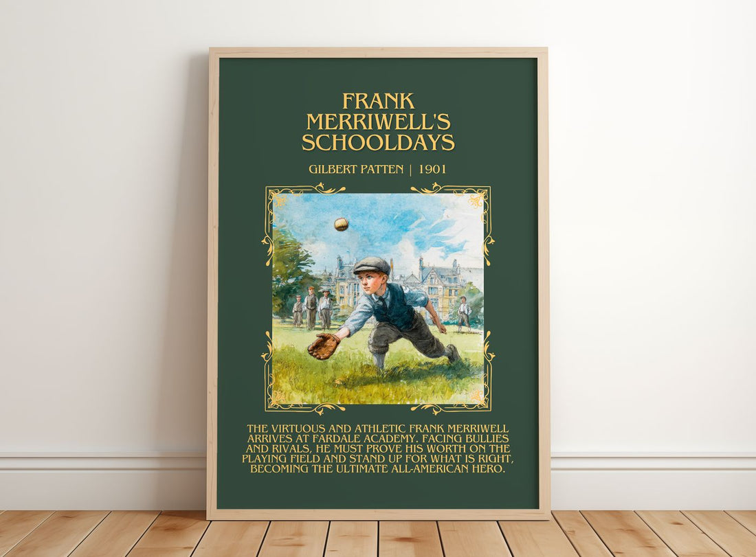 Frank Merriwell'S Schooldays Minimalist Book Poster by Gilbert Patten – framed print leaning on a wooden floor