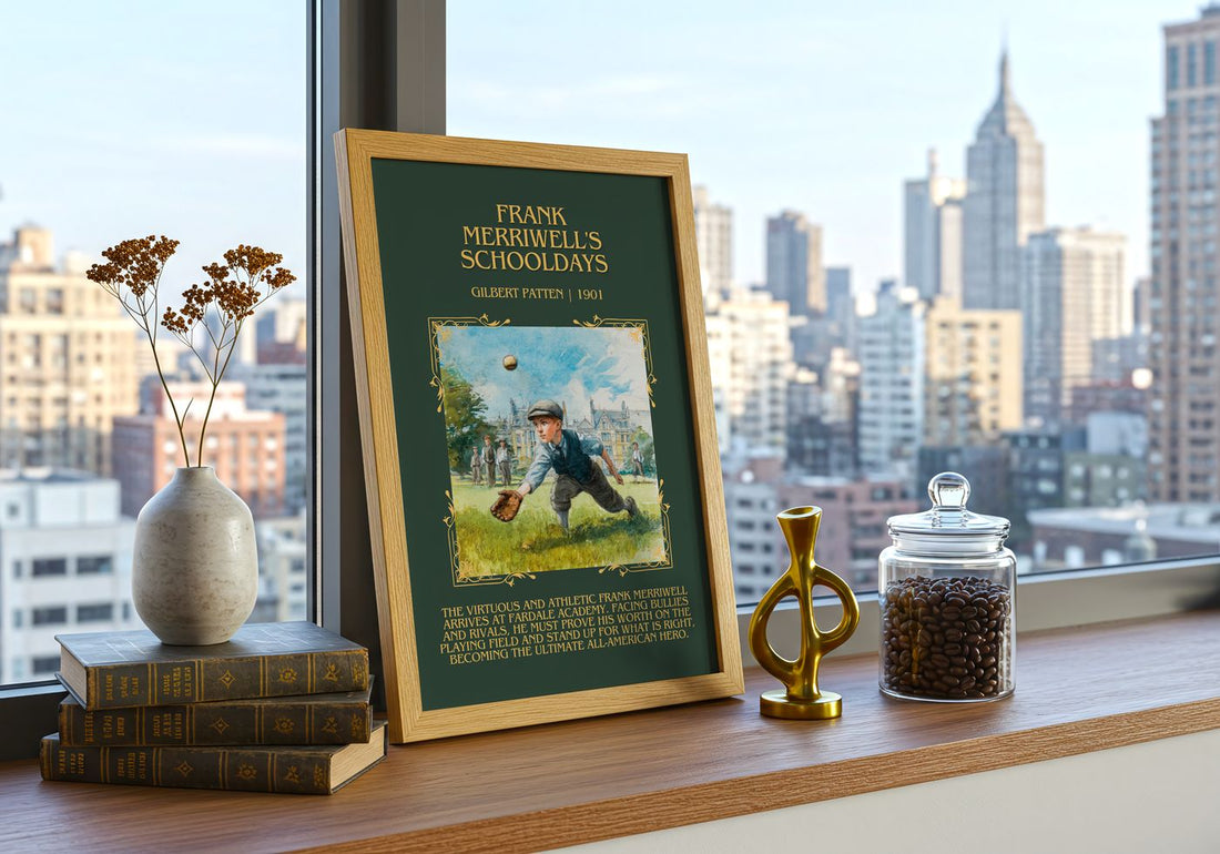 Frank Merriwell'S Schooldays Minimalist Book Poster by Gilbert Patten – framed print on a city-view windowsill