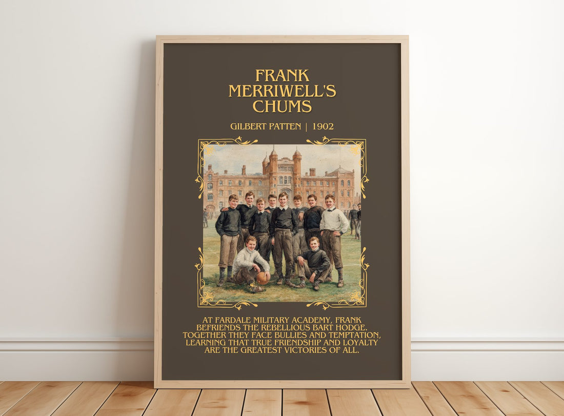 Frank Merriwell'S Chums Minimalist Book Poster by Gilbert Patten – framed print leaning on a wooden floor