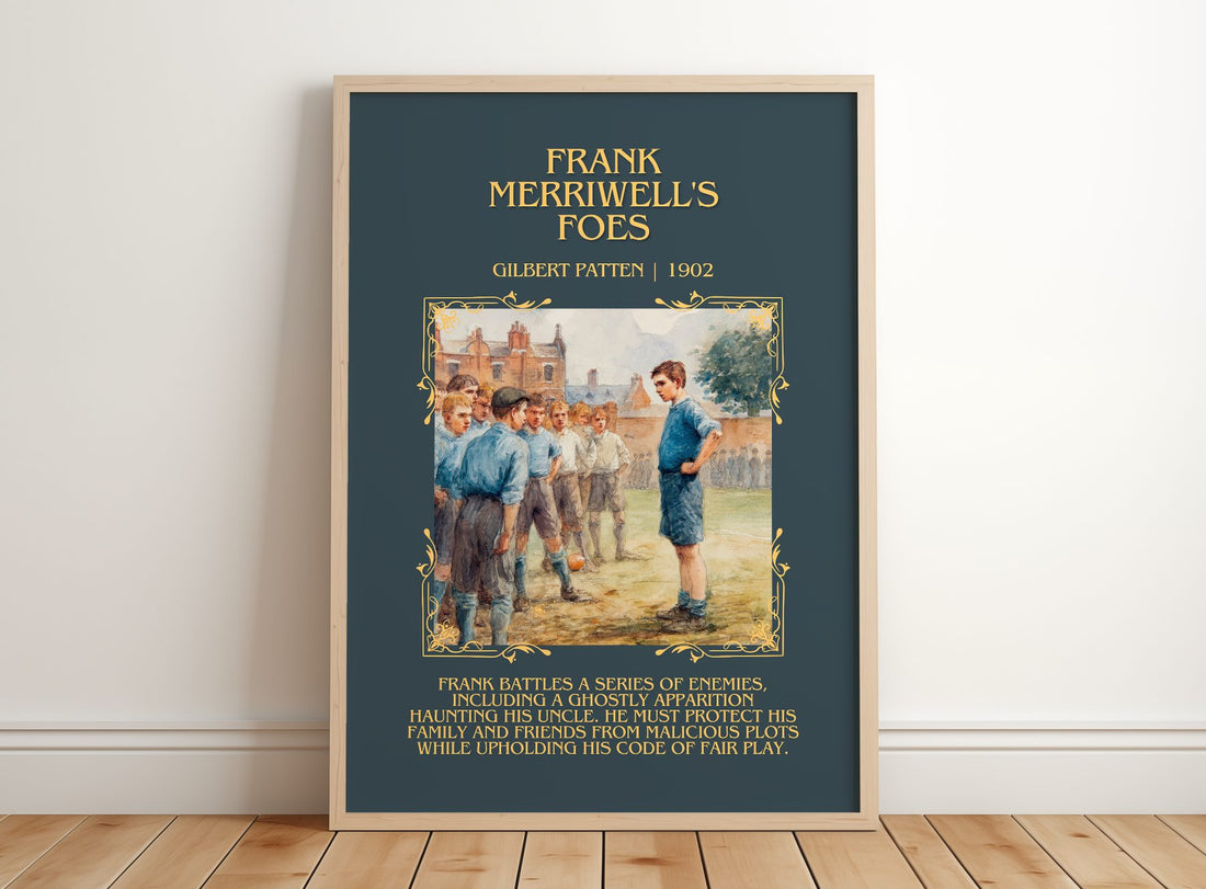 Frank Merriwell'S Foes Minimalist Book Poster by Gilbert Patten – framed print leaning on a wooden floor