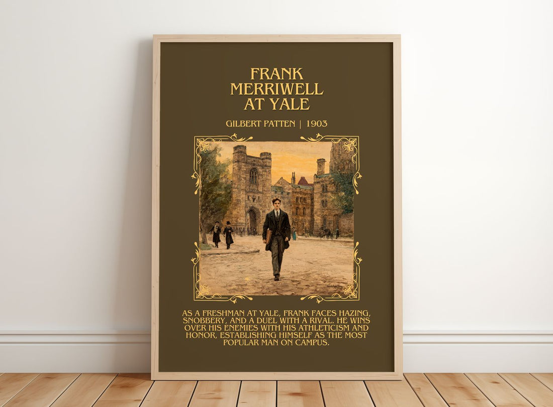 Frank Merriwell At Yale Minimalist Book Poster by Gilbert Patten – framed print leaning on a wooden floor