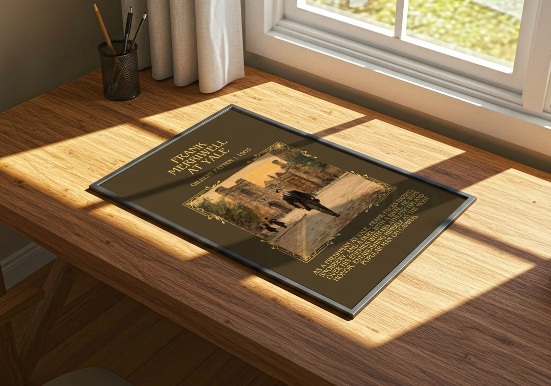 Frank Merriwell At Yale Minimalist Book Poster by Gilbert Patten – print on a sunlit desk