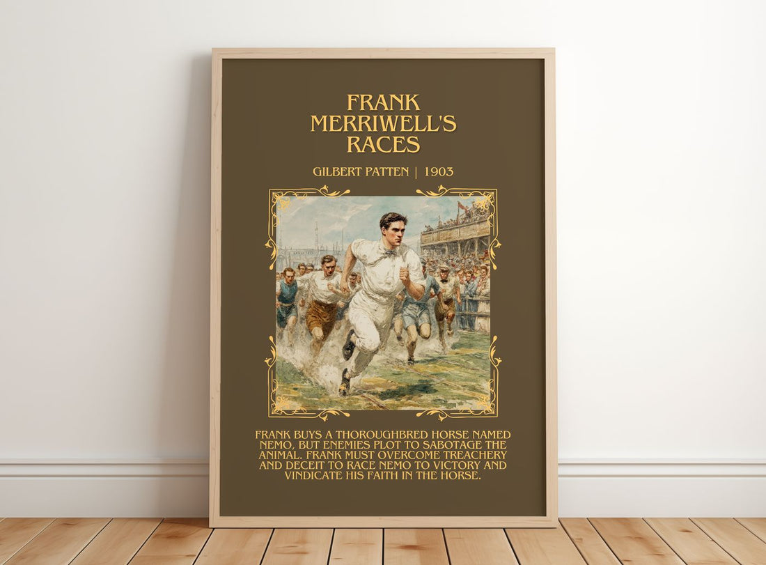 Frank Merriwell'S Races Minimalist Book Poster by Gilbert Patten – framed print leaning on a wooden floor