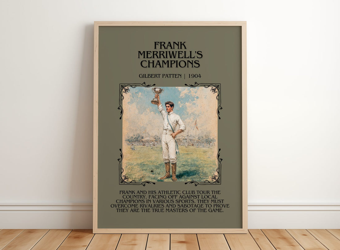 Frank Merriwell'S Champions Minimalist Book Poster by Gilbert Patten – framed print leaning on a wooden floor