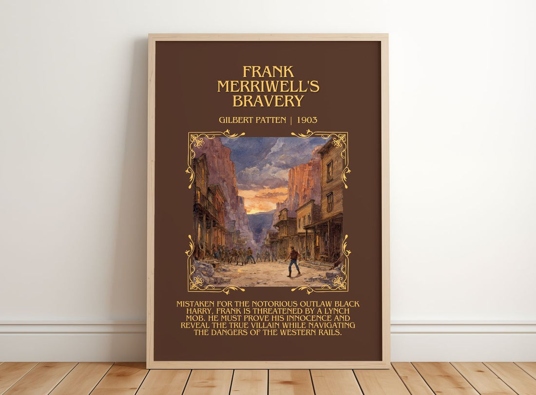 Frank Merriwell'S Bravery Minimalist Book Poster by Gilbert Patten – framed print leaning on a wooden floor