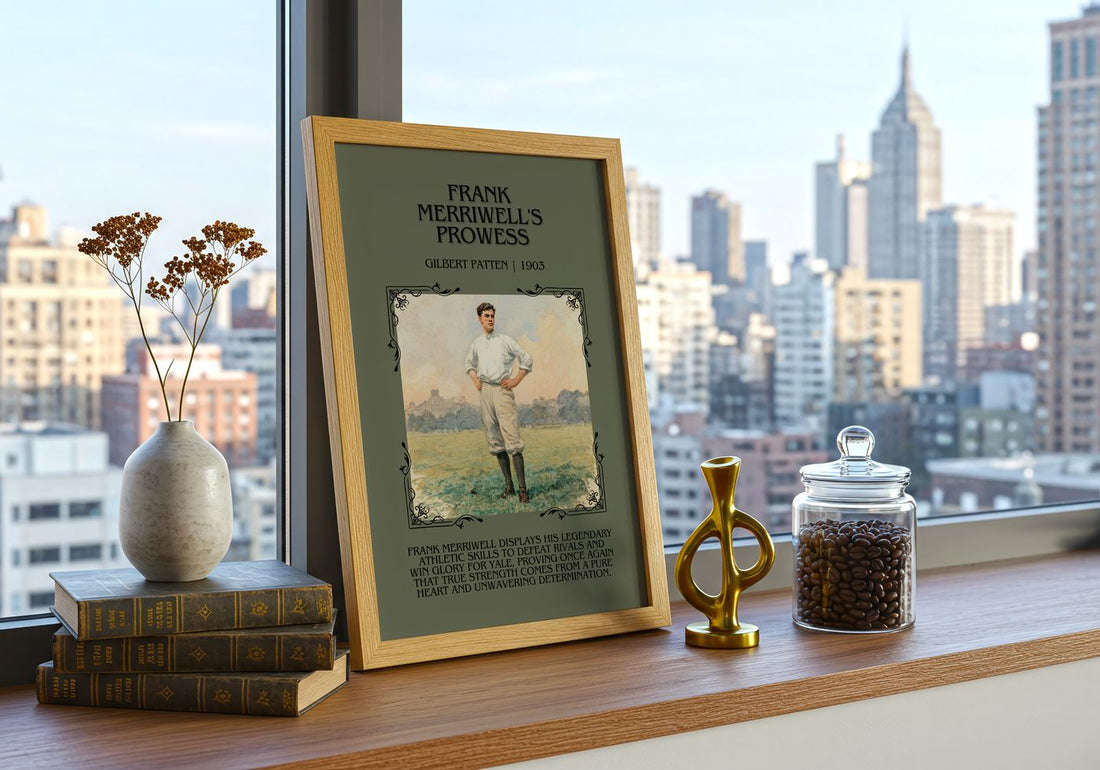 Frank Merriwell'S Prowess Minimalist Book Poster by Gilbert Patten – framed print on a city-view windowsill