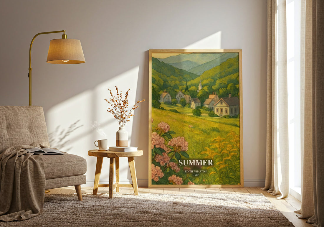 Summer watercolour print in frame leaning in hallway – romance wall art (mockup)