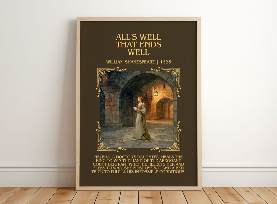 All'S Well That Ends Well Minimalist Book Poster by W. Shakespeare – framed print leaning on a wooden floor
