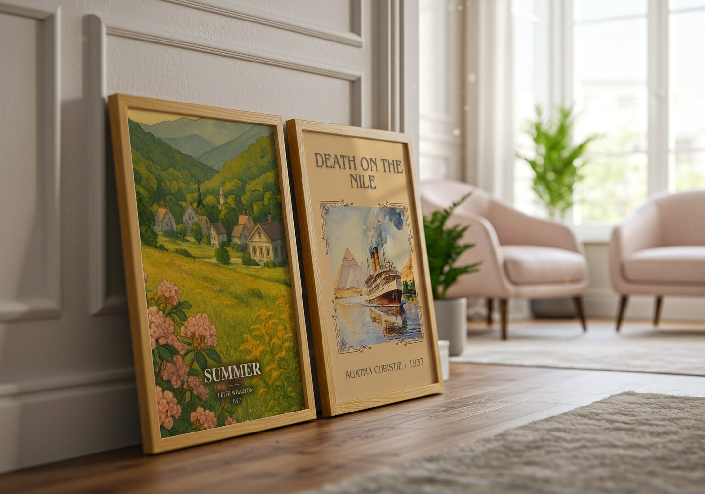 Summer watercolour print framed by window – literary home decor