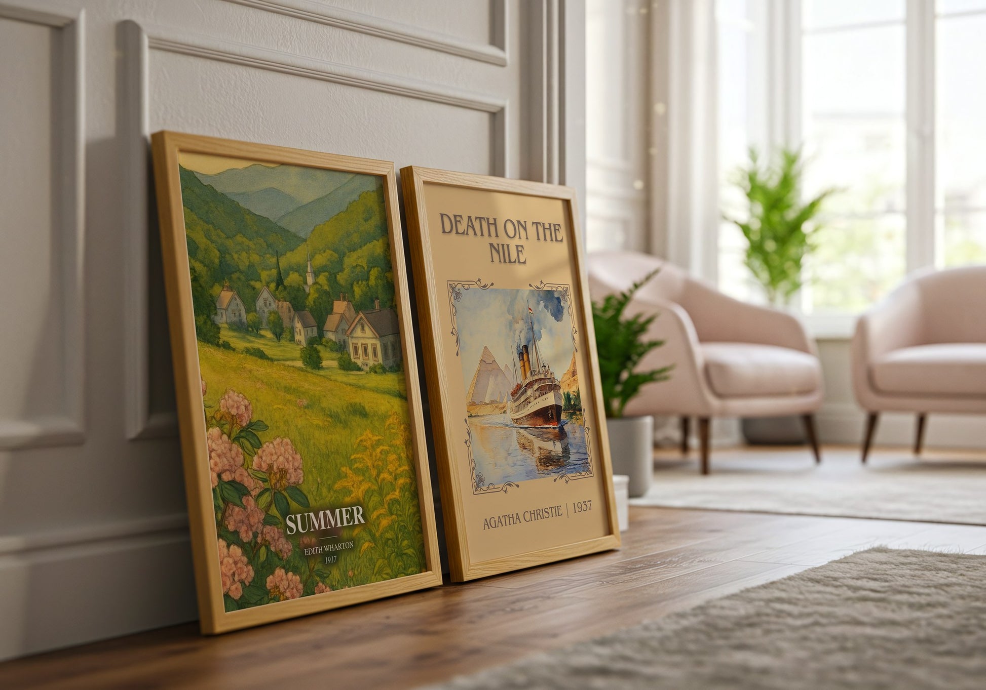 Summer watercolour print framed by window – literary home decor