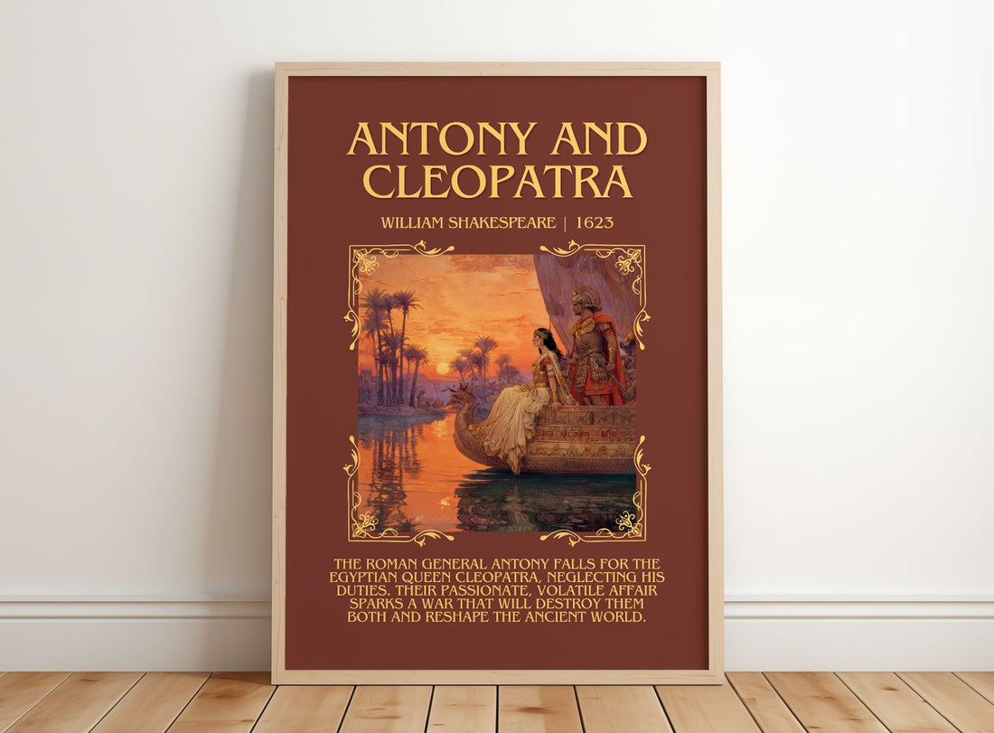 Antony And Cleopatra Minimalist Book Poster by William Shakespeare – framed print leaning on a wooden floor