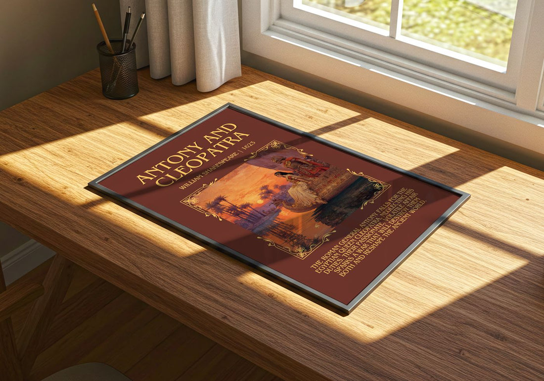 Antony And Cleopatra Minimalist Book Poster by William Shakespeare – print on a sunlit desk