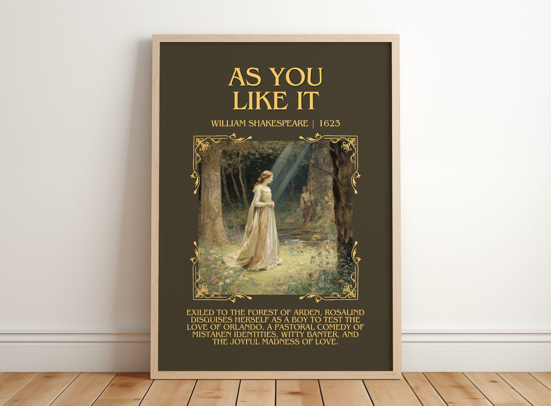 As You Like It Minimalist Book Poster by William Shakespeare – framed print leaning on a wooden floor