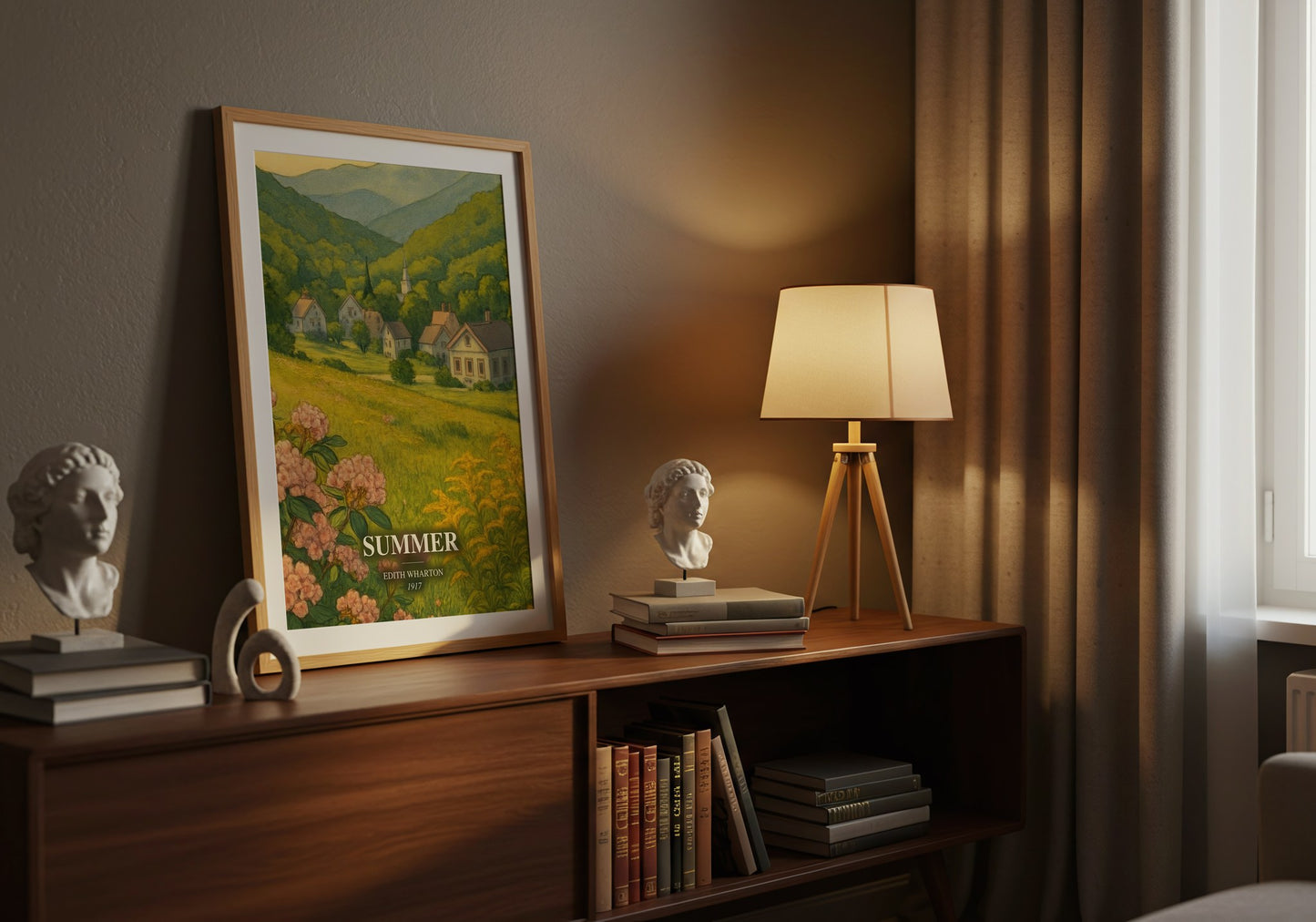 Summer watercolour print on bookshelf – Edith Wharton fan gift