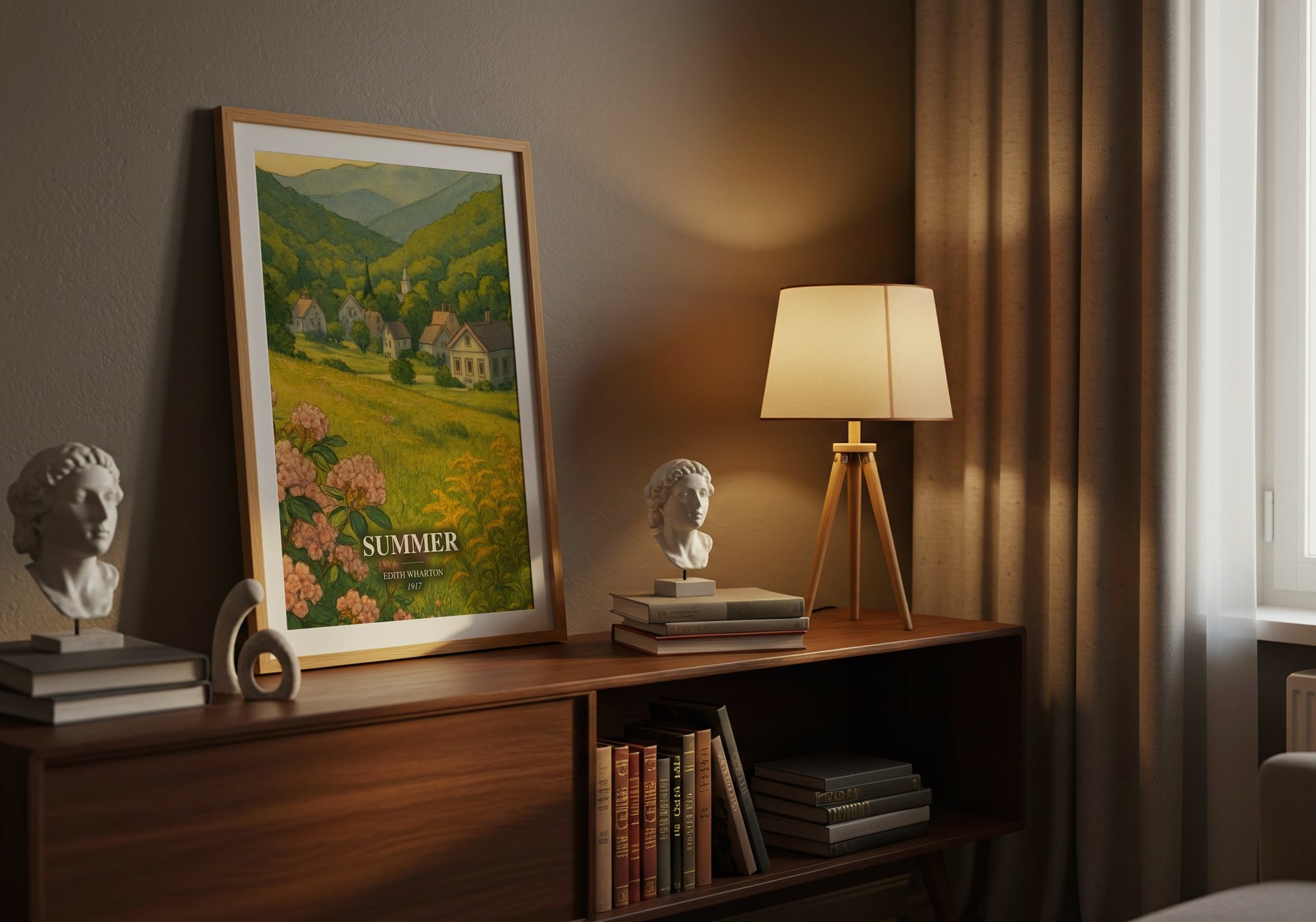 Summer watercolour print on bookshelf – Edith Wharton fan gift