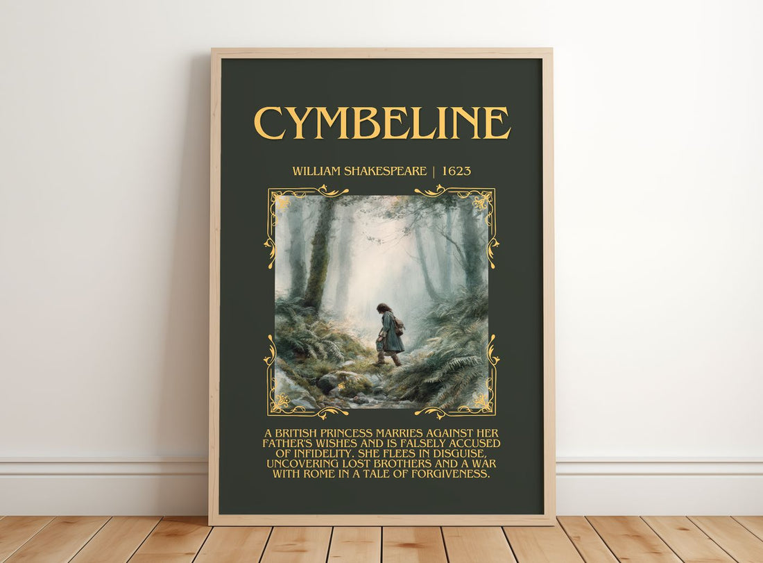 Cymbeline Minimalist Book Poster by William Shakespeare – framed print leaning on a wooden floor
