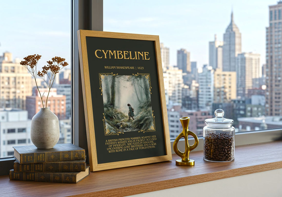 Cymbeline Minimalist Book Poster by William Shakespeare – framed print on a city-view windowsill
