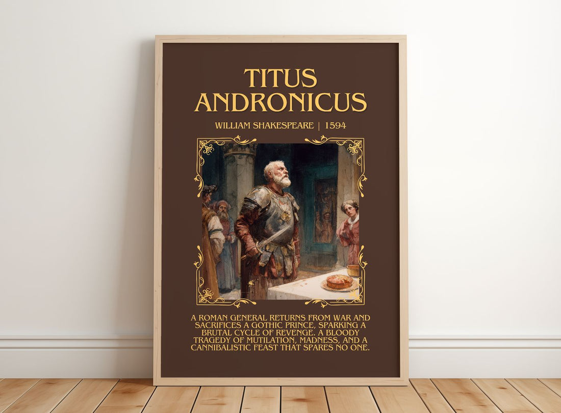 Titus Andronicus Minimalist Book Poster by William Shakespeare – framed print leaning on a wooden floor