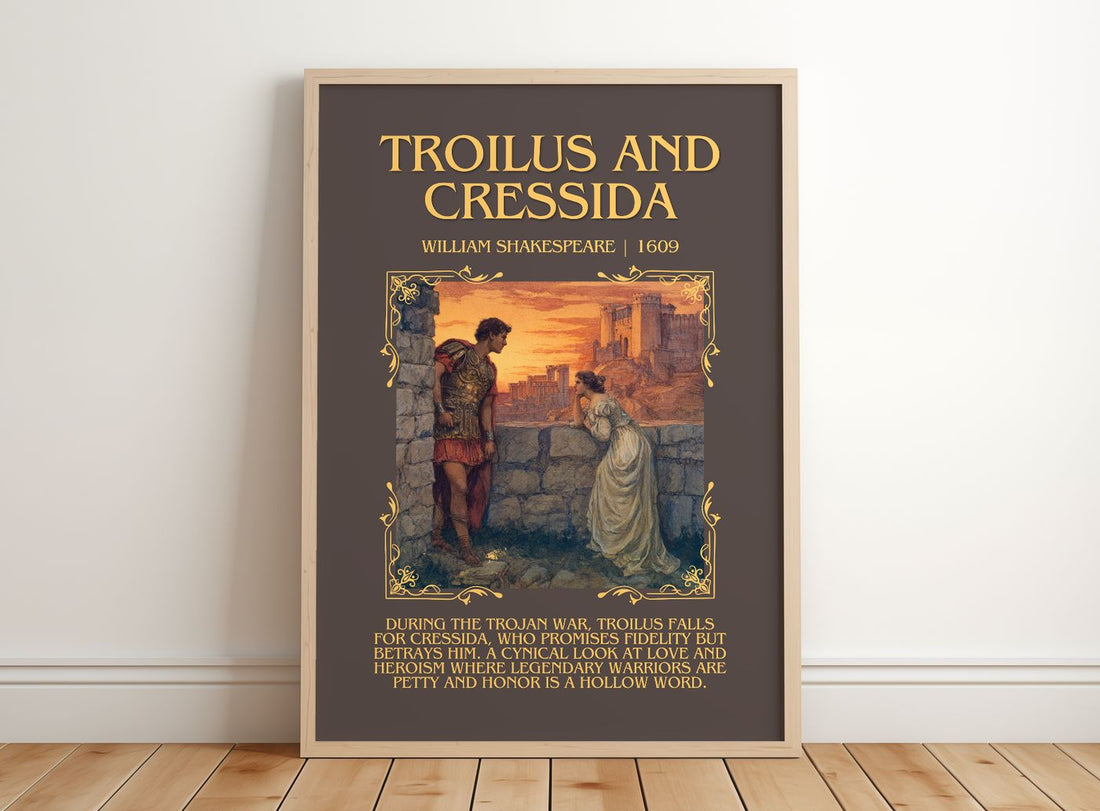 Troilus And Cressida Minimalist Book Poster by William Shakespeare – framed print leaning on a wooden floor