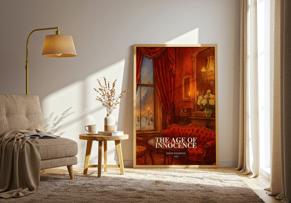 The Age Of Innocence watercolour print in frame leaning in hallway – classic literature wall art (mockup)
