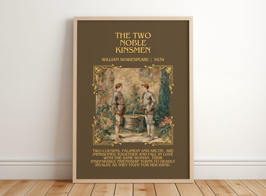 The Two Noble Kinsmen Minimalist Book Poster by William Shakespeare – framed print leaning on a wooden floor