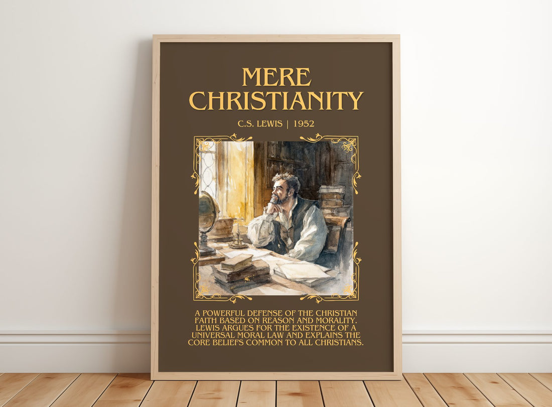 Mere Christianity Minimalist Book Poster by C.S. Lewis – framed print leaning on a wooden floor