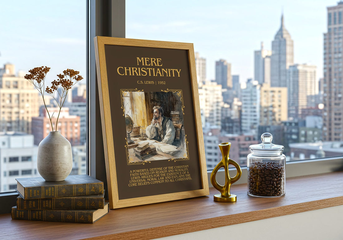 Mere Christianity Minimalist Book Poster by C.S. Lewis – framed print on a city-view windowsill