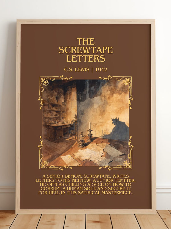 The Screwtape Letters Minimalist Book Poster by C.S. Lewis – framed print leaning on a wooden floor