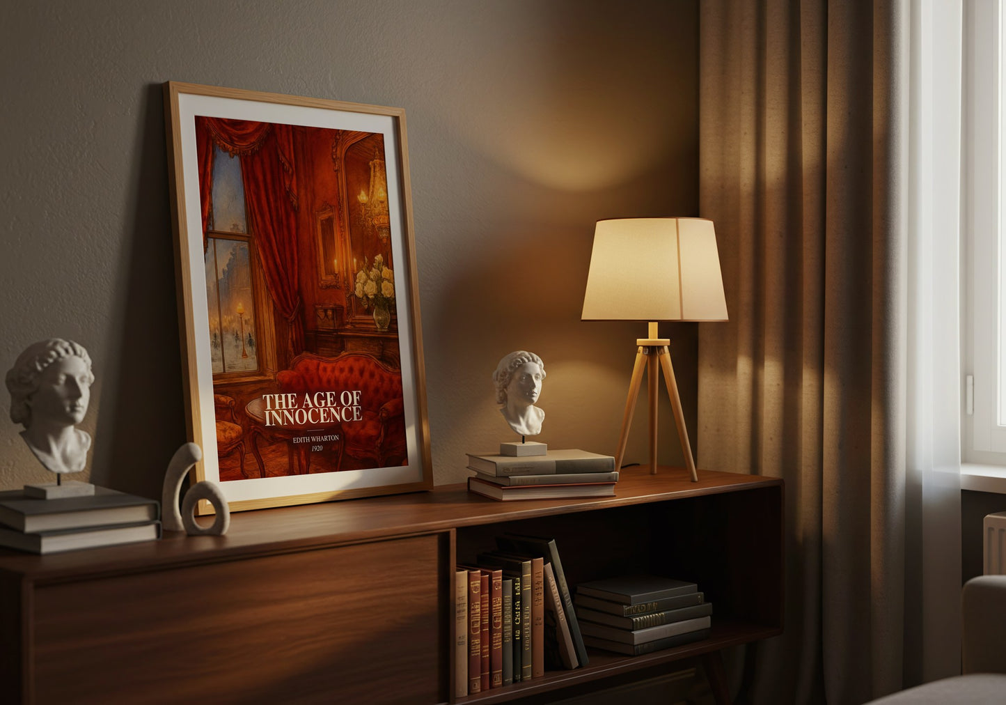The Age Of Innocence watercolour print on bookshelf – Edith Wharton fan gift