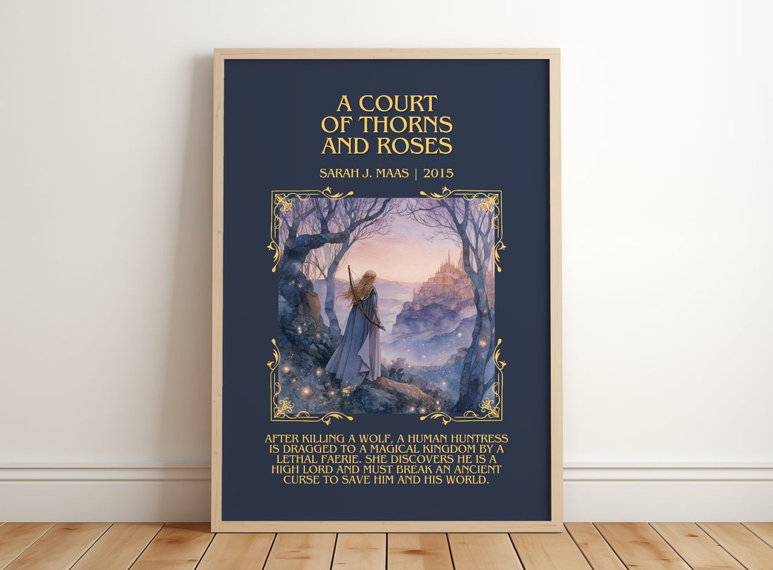 A Court Of Thorns And Roses Minimalist Book Poster by Sarah J. Maas – framed print leaning on a wooden floor