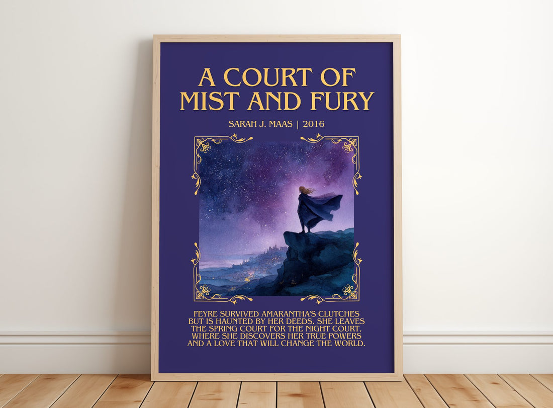 A Court Of Mist And Fury Minimalist Book Poster by Sarah J. Maas – framed print leaning on a wooden floor