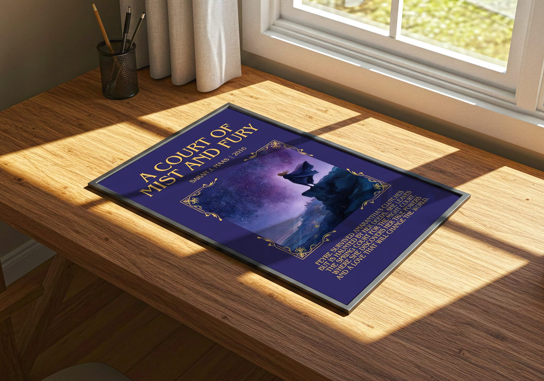A Court Of Mist And Fury Minimalist Book Poster by Sarah J. Maas – print on a sunlit desk
