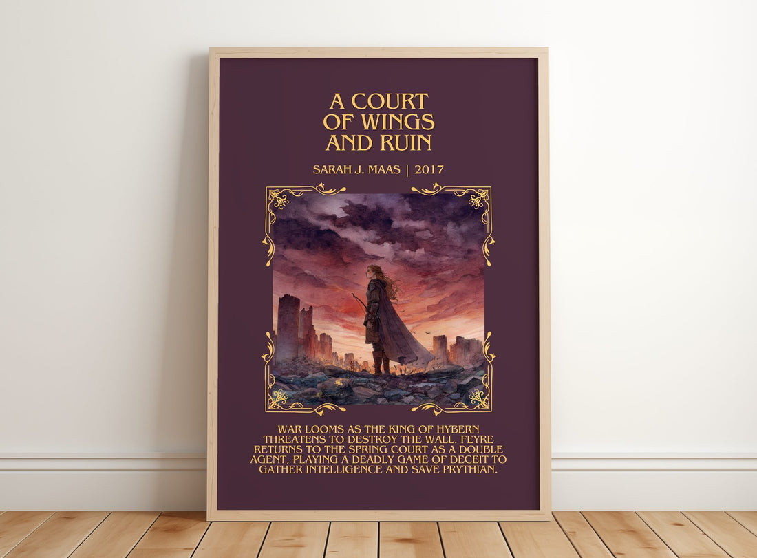 A Court Of Wings And Ruin Minimalist Book Poster by Sarah J. Maas – framed print leaning on a wooden floor