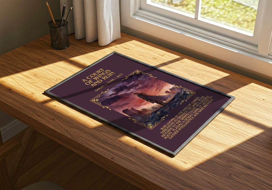 A Court Of Wings And Ruin Minimalist Book Poster by Sarah J. Maas – print on a sunlit desk