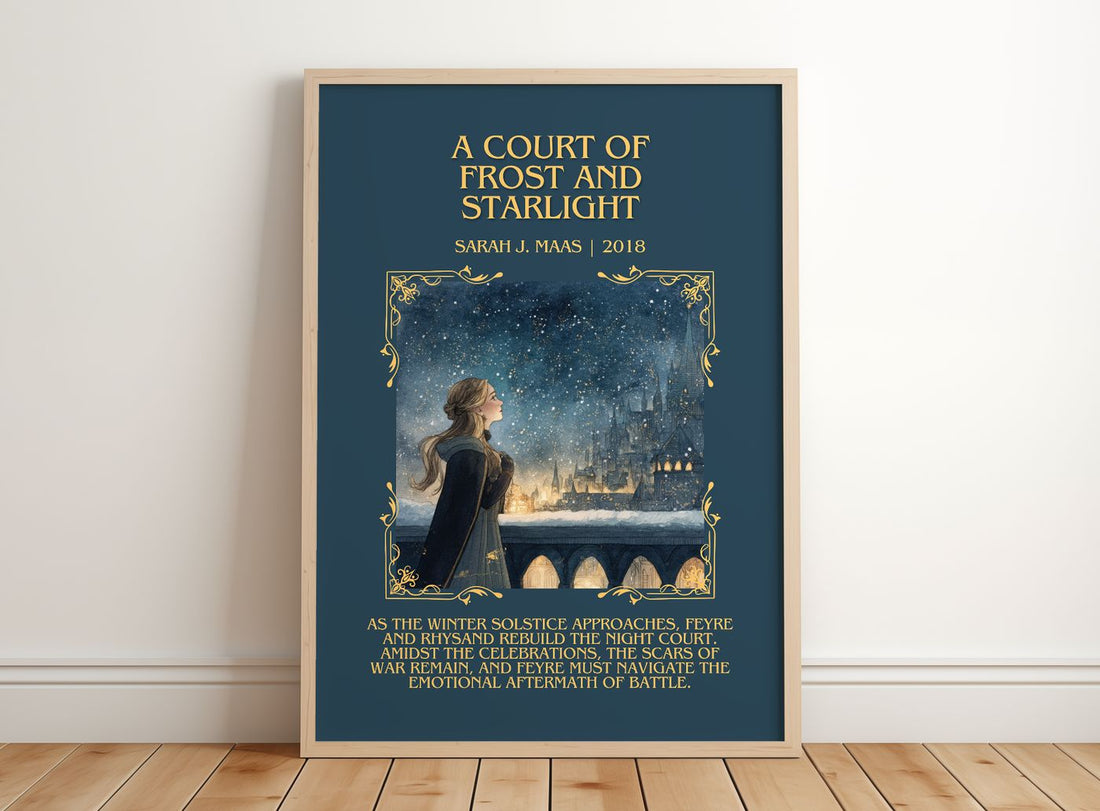 A Court Of Frost And Starlight Minimalist Book Poster by Sarah J. Maas – framed print leaning on a wooden floor