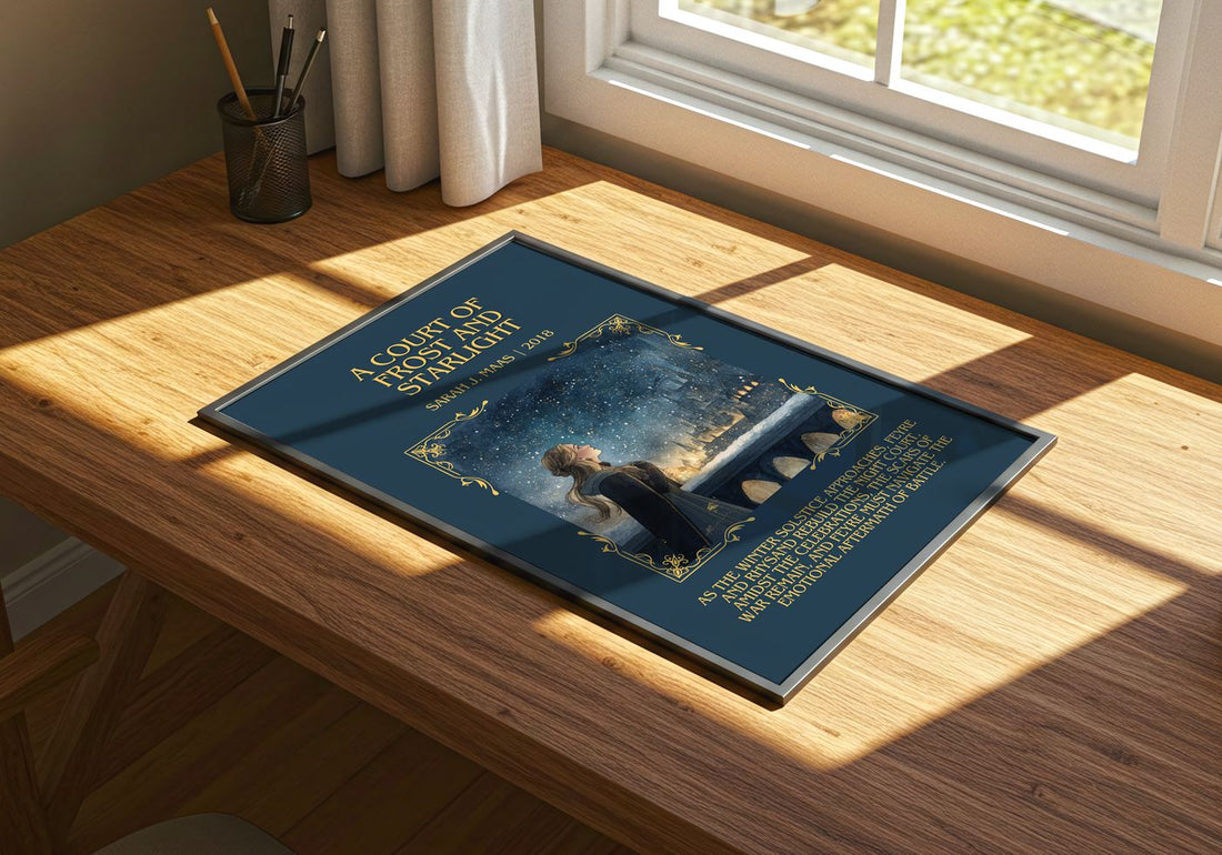 A Court Of Frost And Starlight Minimalist Book Poster by Sarah J. Maas – print on a sunlit desk