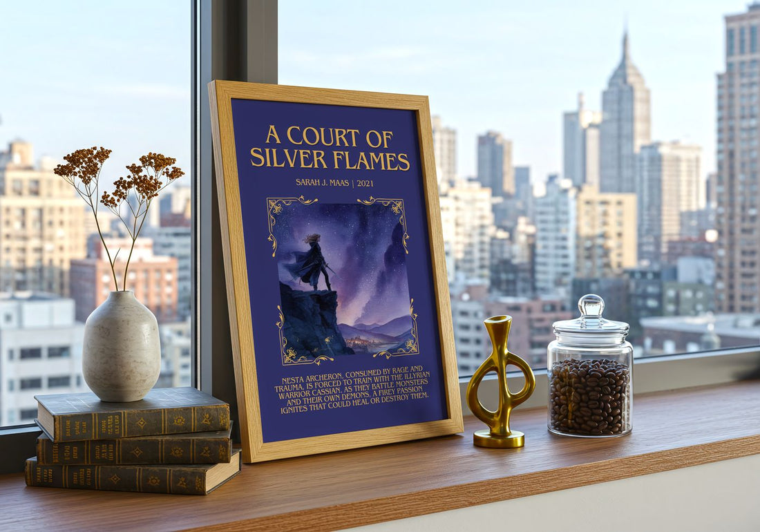 A Court Of Silver Flames Minimalist Book Poster by Sarah J. Maas – framed print on a city-view windowsill