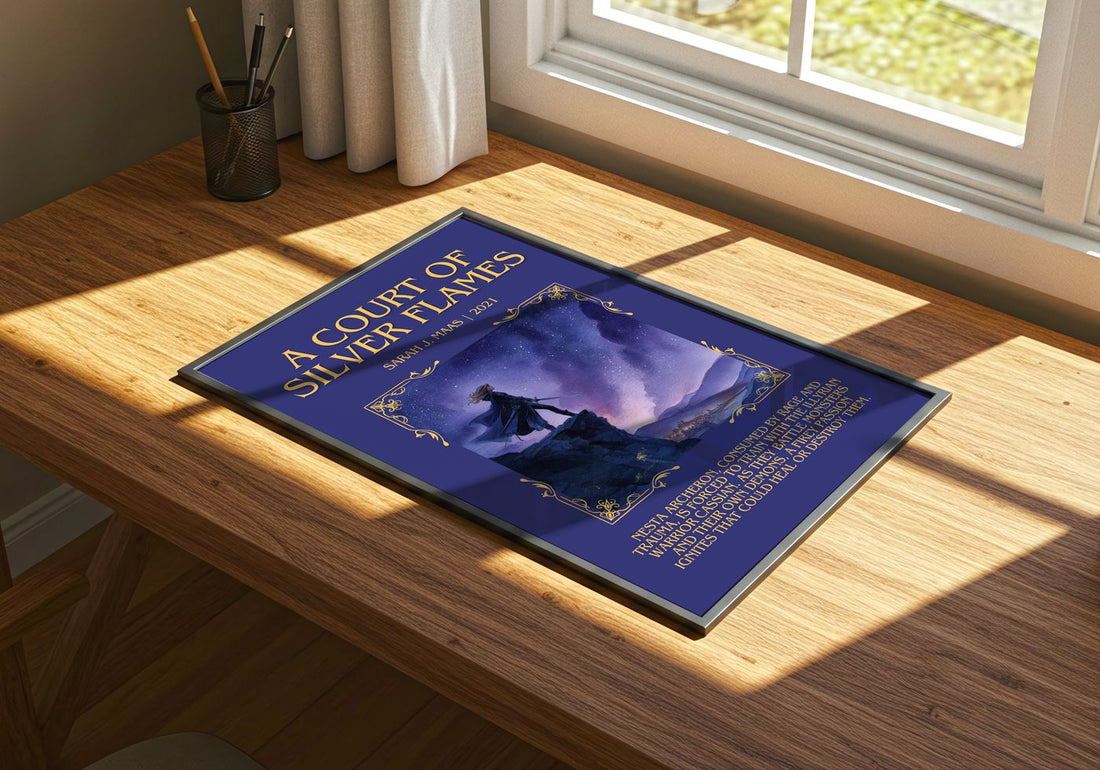 A Court Of Silver Flames Minimalist Book Poster by Sarah J. Maas – print on a sunlit desk
